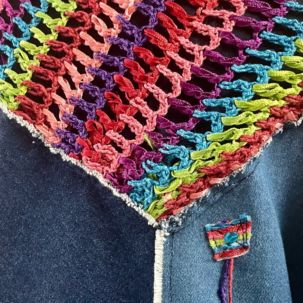Vintage Sandy Starkman Crochet Sequin Patchwork Denim Jean Jacket - Picture 11 of 16
